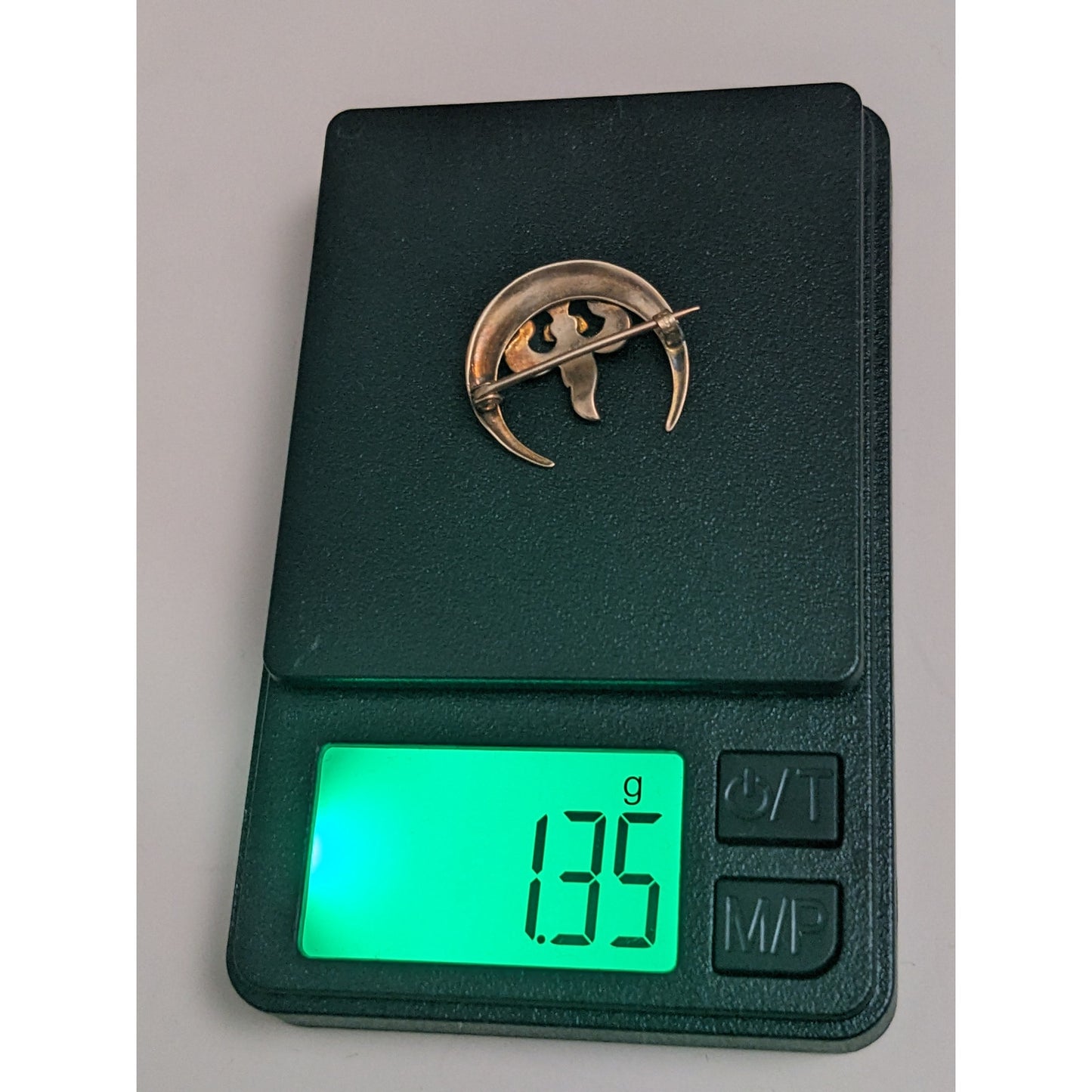 Vintage 14k Yellow Gold Fleur de Lis Seed Pearl on Crescent Moon Brooch