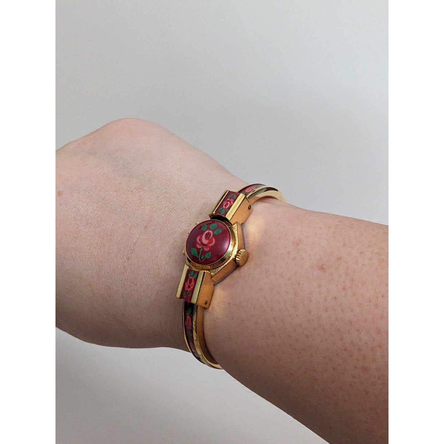 Vintage Andre Mouche Silver Tone Bangle Watch with Blue Floral Enamel Working