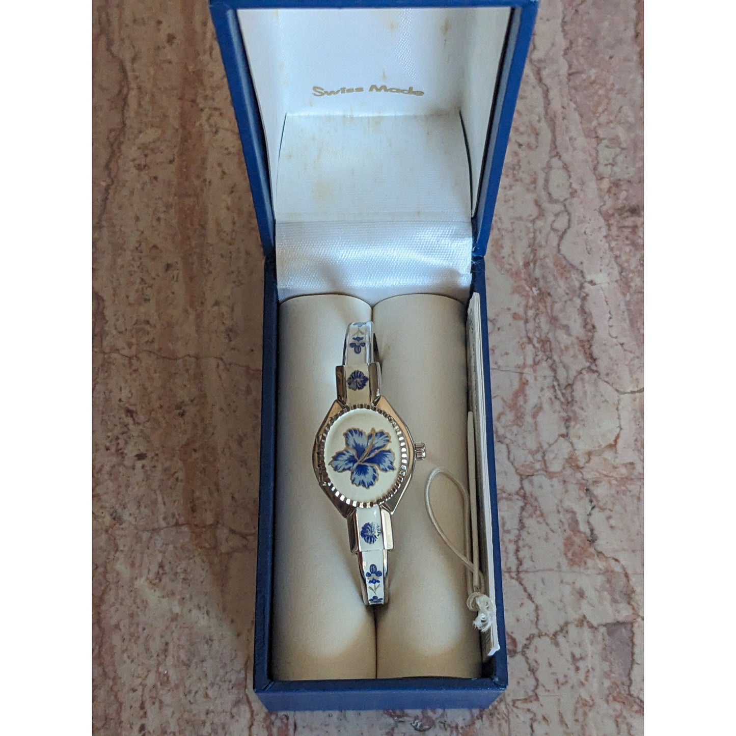 Vintage Andre Mouche Silver Tone Bangle Watch White Enamel Blue Flowers