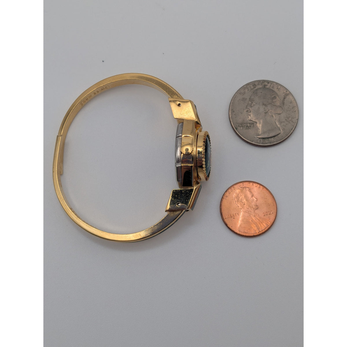 Vintage R Miller Gold Tone Peekaboo Watch Green Enamel Red and Blue Flowers