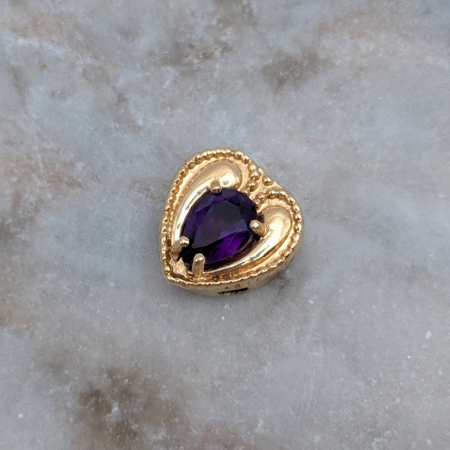 Vintage Old Victoria 14k Gold Heart Bracelet Slide Charm Purple Stone