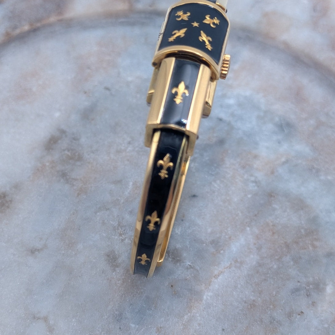 Vintage Chandler Gold Tone Peekaboo Watch Black Enamel Gold Fluer De Lis Accents