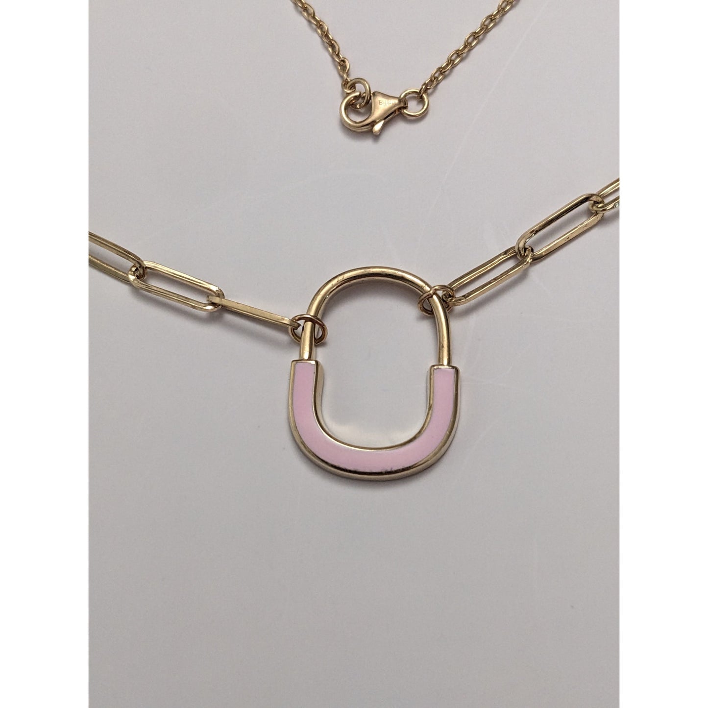 Preowned 14k Yellow Gold Paper Clip Chain Necklace Pink Enamel Pendant 18in