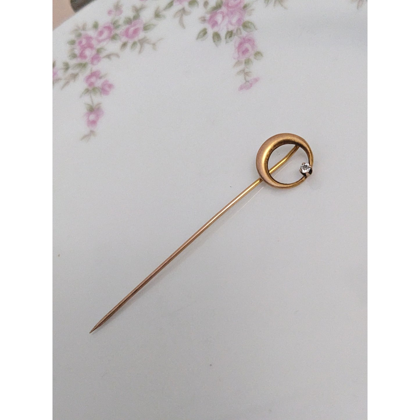 Antique Unmarked 12k Yellow Gold White Gem Crescent Moon Stick Pin