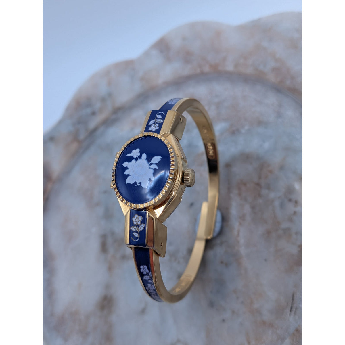 Vintage Andre Mouche Gold Tone Peekaboo Watch Dark Blue Enamel White Flowers