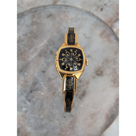 Vintage Andre Mouche Gold Peekaboo Watch Square Dial Black Enamel Gold Flowers