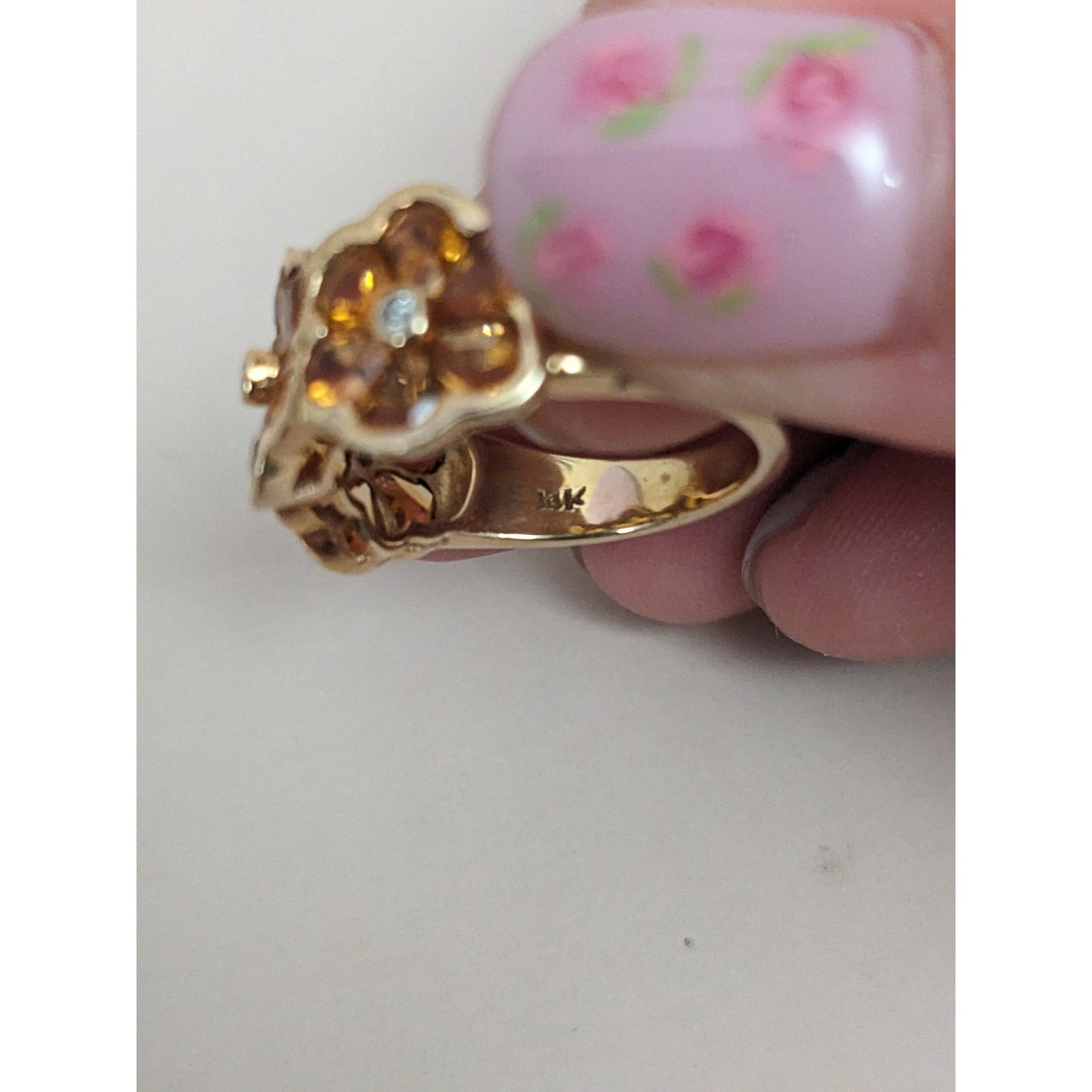 Estate 14k Yellow Gold Triple Citrine Flower Ring Size 6.5 US