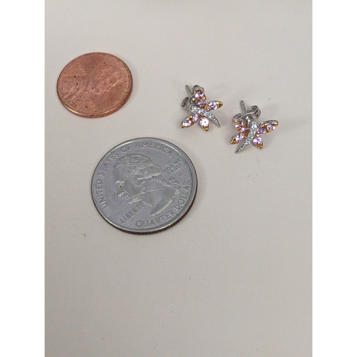 Estate 14k Gold Pink Sapphires and Diamond Dragonfly Stud Earrings