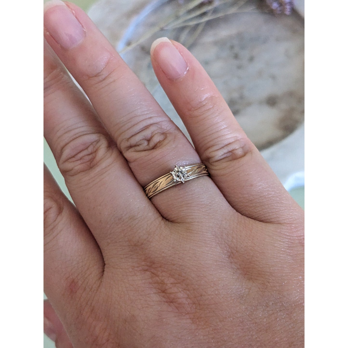 Vintage 14k Yellow Gold Half Etch with Diamond Accent (Small) Ring Size 7.75