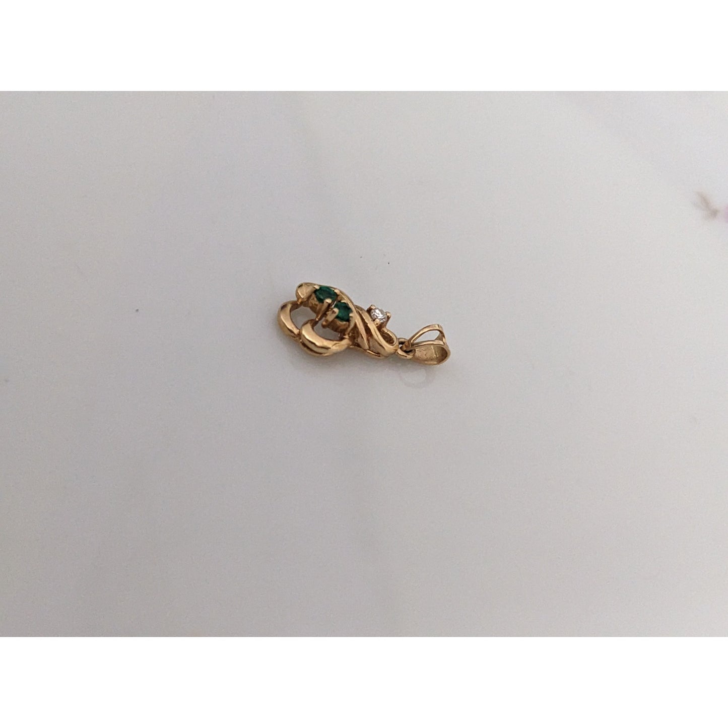 Estate 14k Yellow Gold Mini Dainty Pendant with Green and White Gems