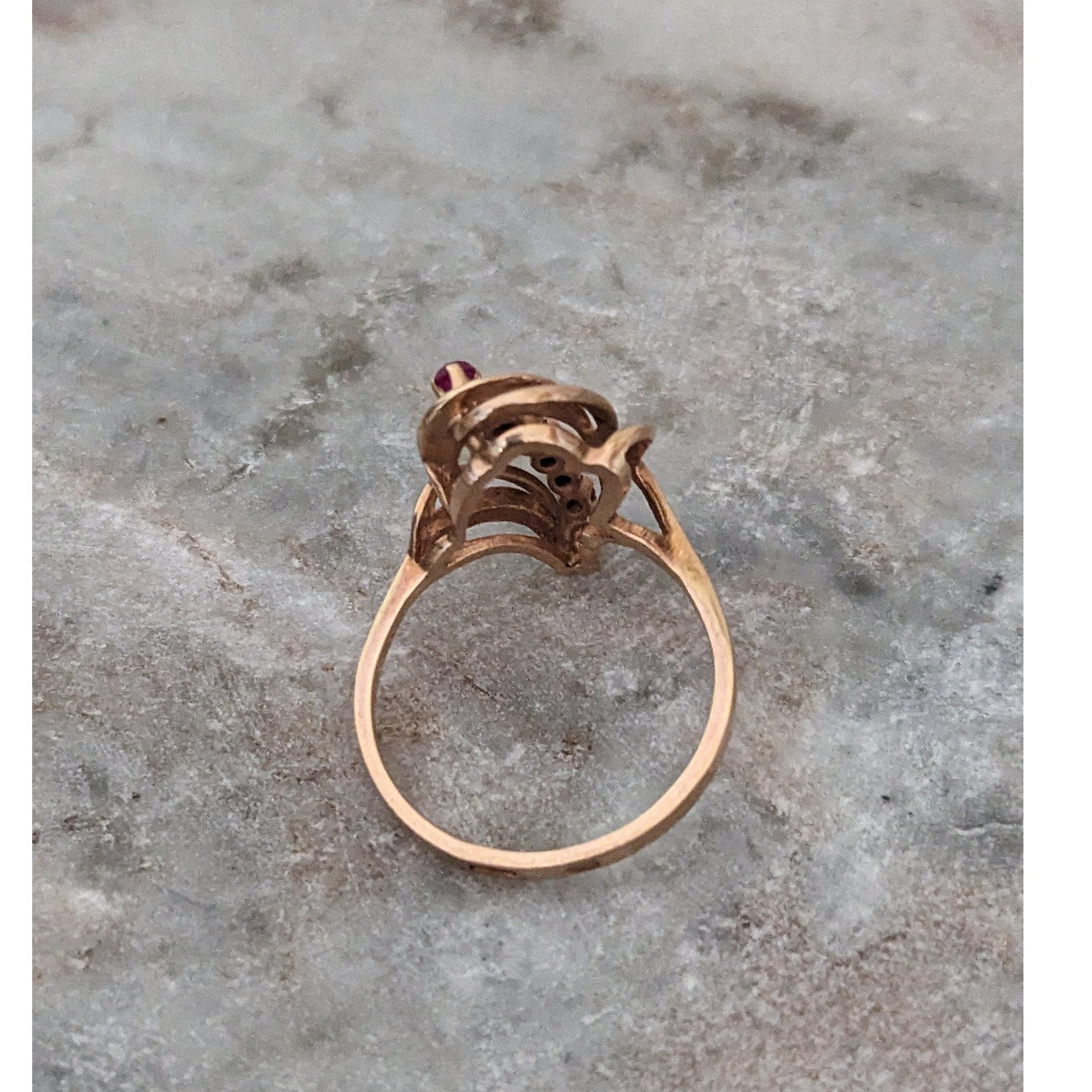 Vintage USSR 14k 1950s Gold Cocktail Abstract Ring with Lab Rubies Size 8.25