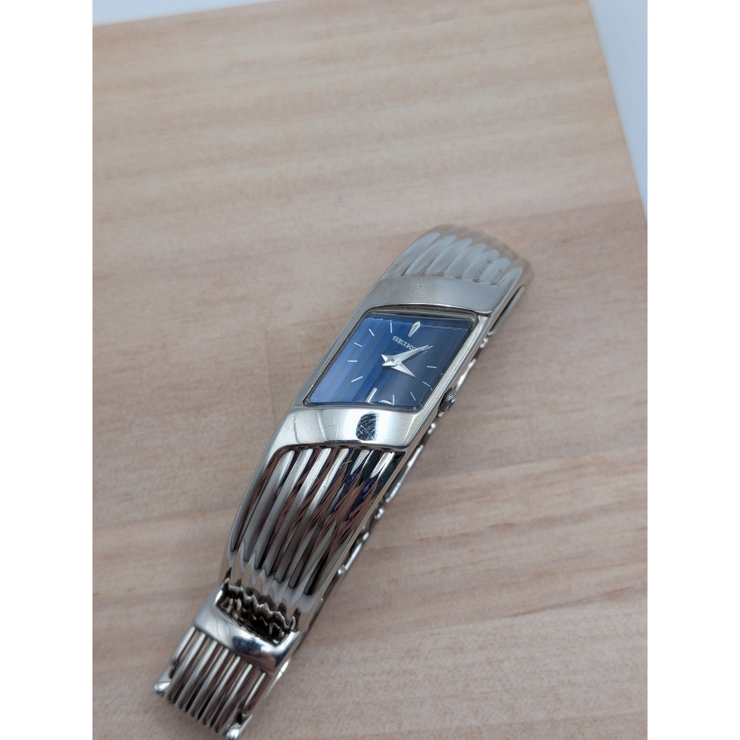 Vintage Seiko Rivoli Silver Tone Asymmetrical Watch Dark Blue Dial