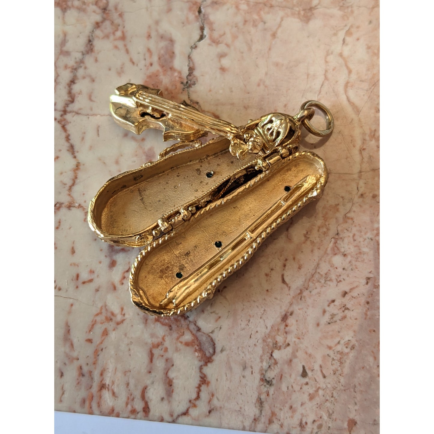 Vintage Unmarked 14k Intricate Violin Case Locket Movable Violin Charm Pendant