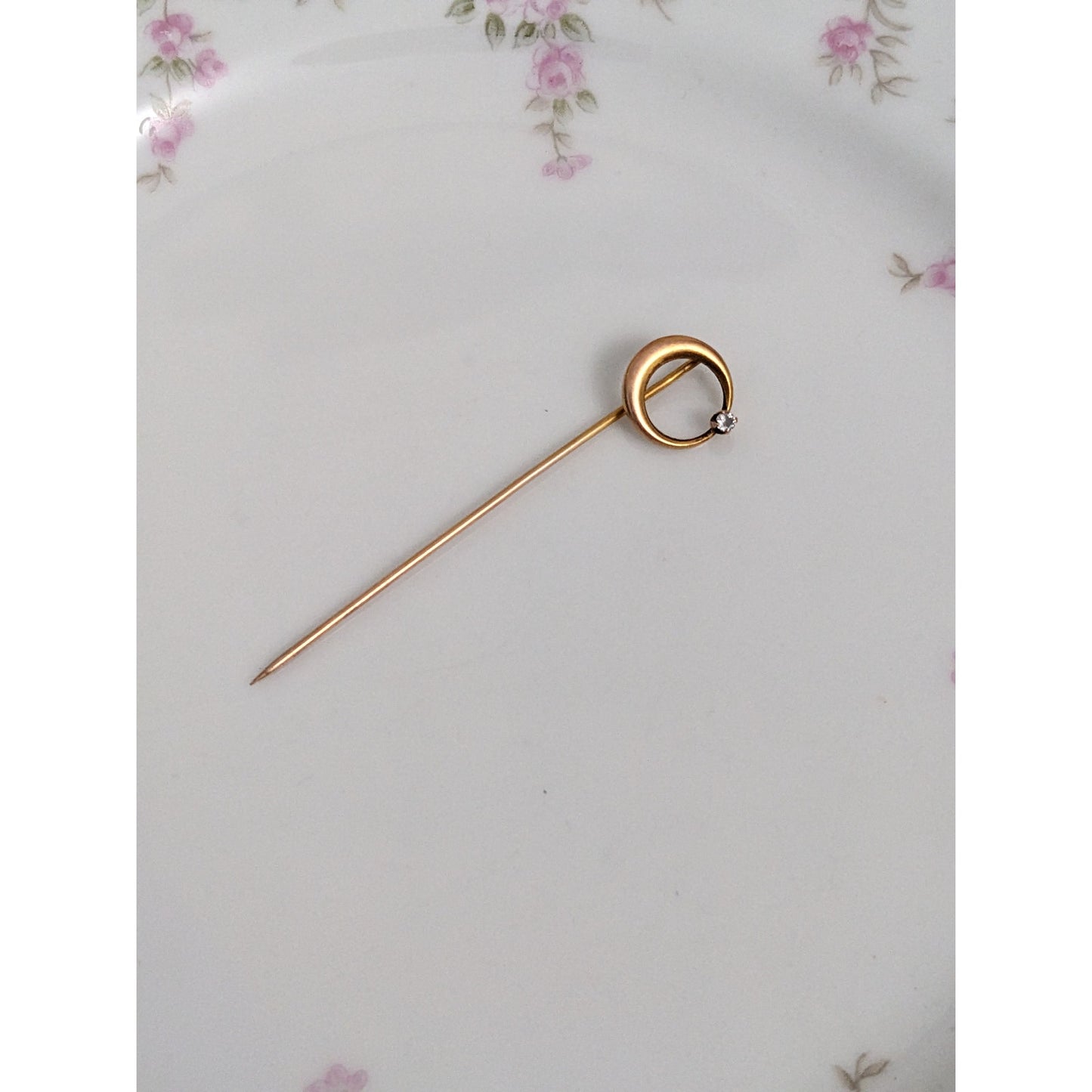 Antique Unmarked 12k Yellow Gold White Gem Crescent Moon Stick Pin