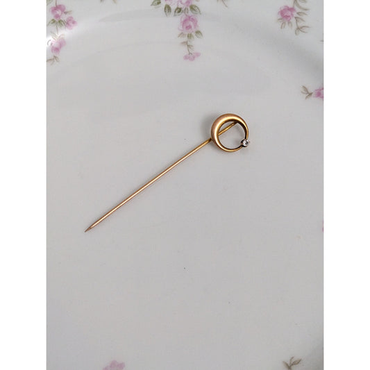 Antique Unmarked 12k Yellow Gold White Gem Crescent Moon Stick Pin