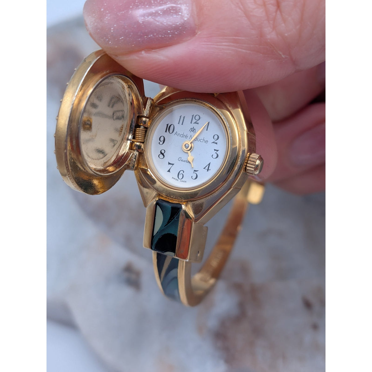 FLAW Vintage Andre Mouche Gold Tone Peekaboo Watch Green Orchid Theme