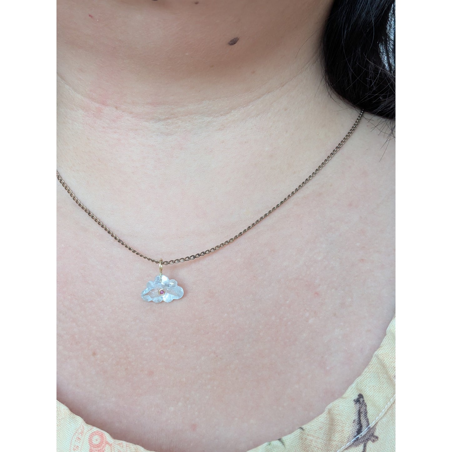 14K Gold Blue Topaz Cloud Pendant Natural Ruby Inlay Carved Gemstone