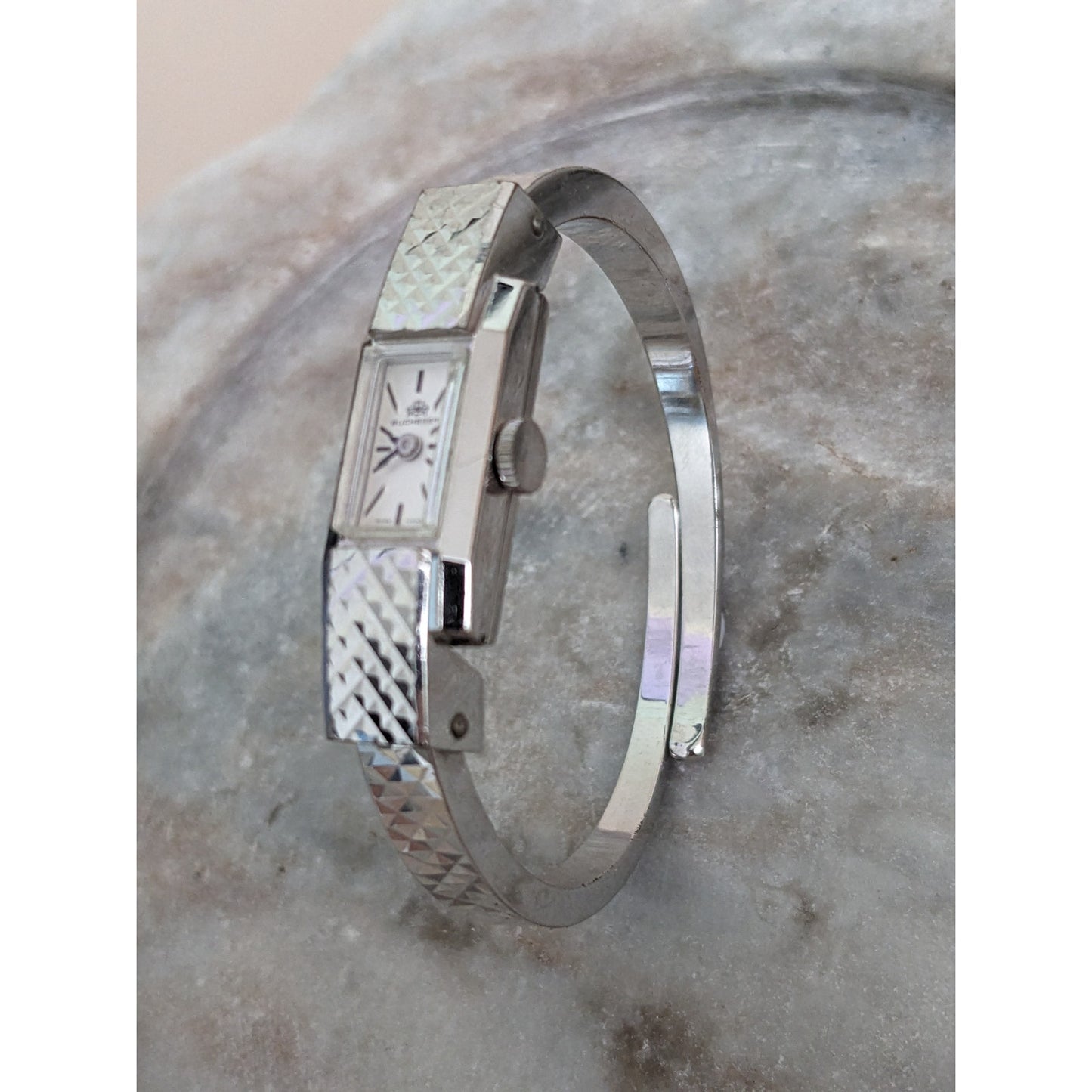 Vintage Andre Mouche Silver Tone Bangle Watch with Blue Floral Enamel Working