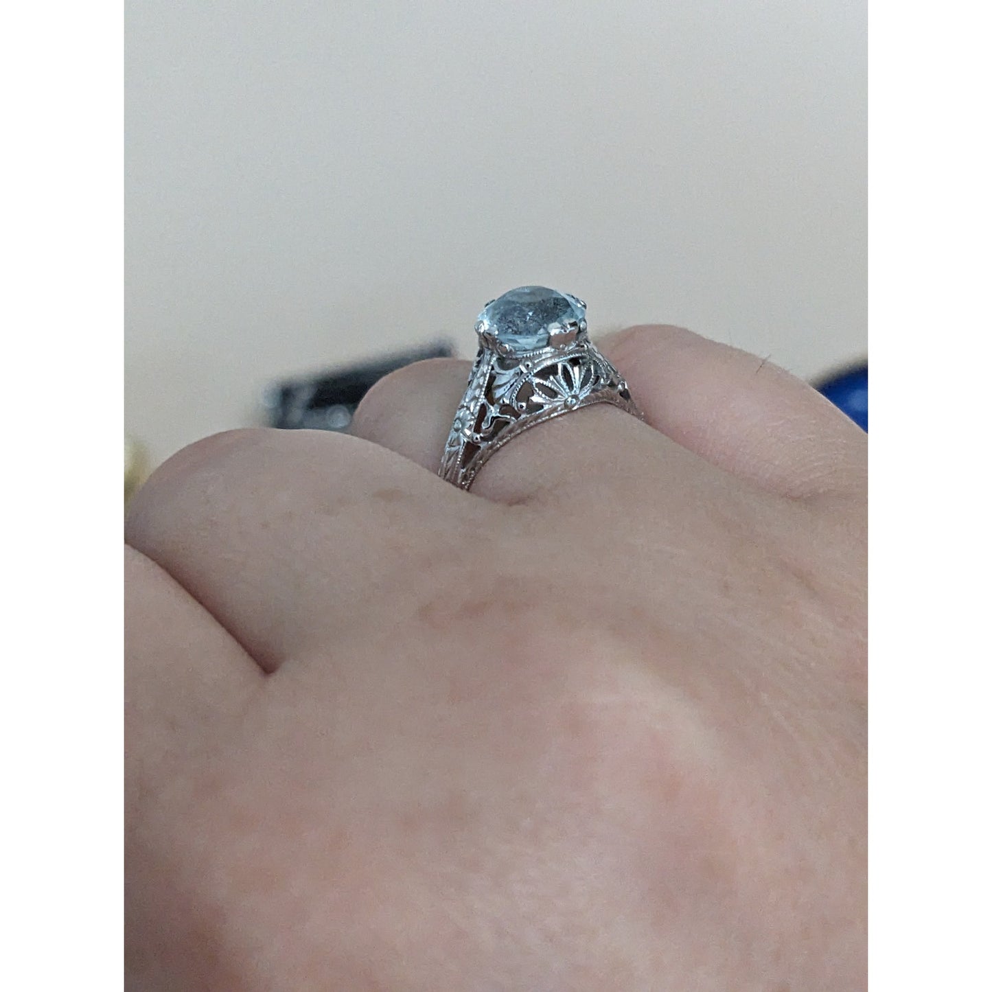 Vintage 18k White Gold Light Blue Gem with Filigree Design Ring Size 6.75 US