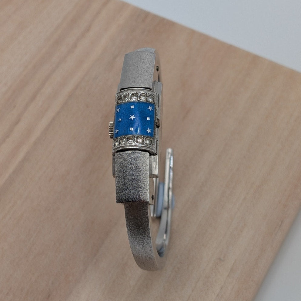 Vintage Chandler Manual Silver Tone Peekaboo Bangle Watch Blue Star Cover