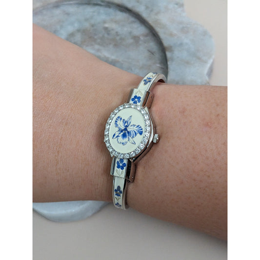Andre Mouche Silver Tone Peek a Boo Watch Blue Floral Enamel White Gems Working