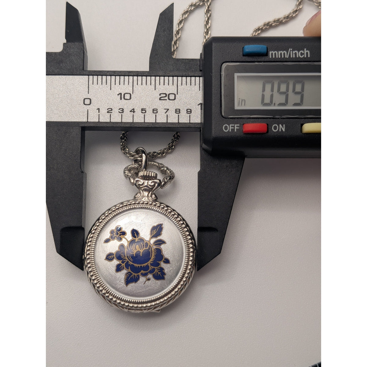 Vintage Andre Mouche Silver Tone Pendant Watch Necklace Grey Enamel Blue Flowers