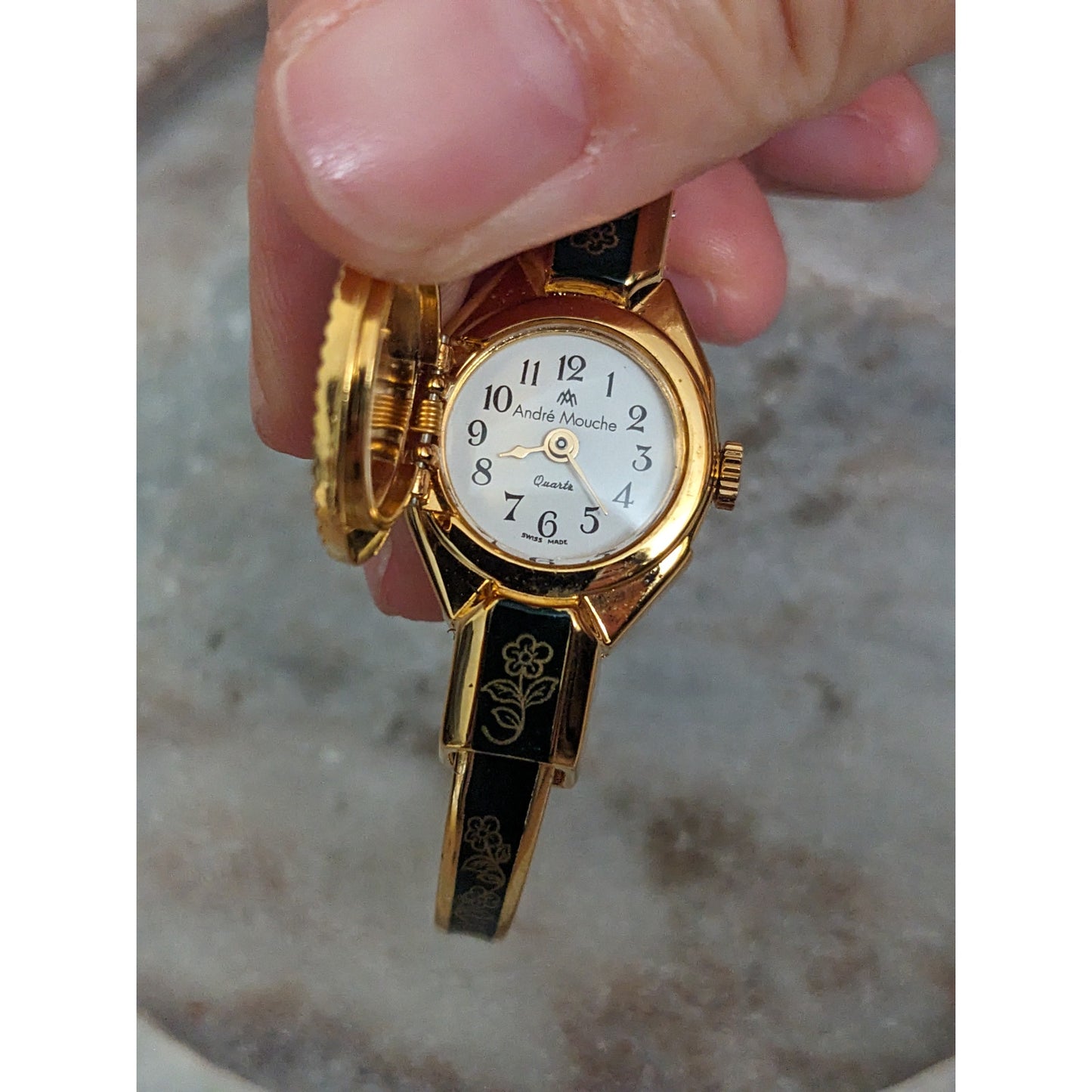 Vintage Andre Mouche Silver Tone Bangle Watch with Blue Floral Enamel Working