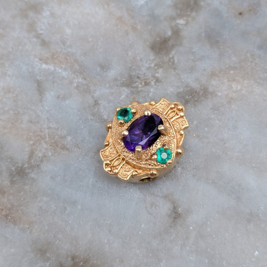 Vintage Old Victoria 14k Gold Bracelet Slide Charm Purple & Green Stones