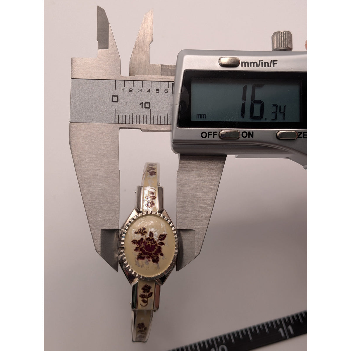 Vintage Andre Mouche Silver Tone Peekaboo Watch Cream Enamel Red Flowers w/ Box