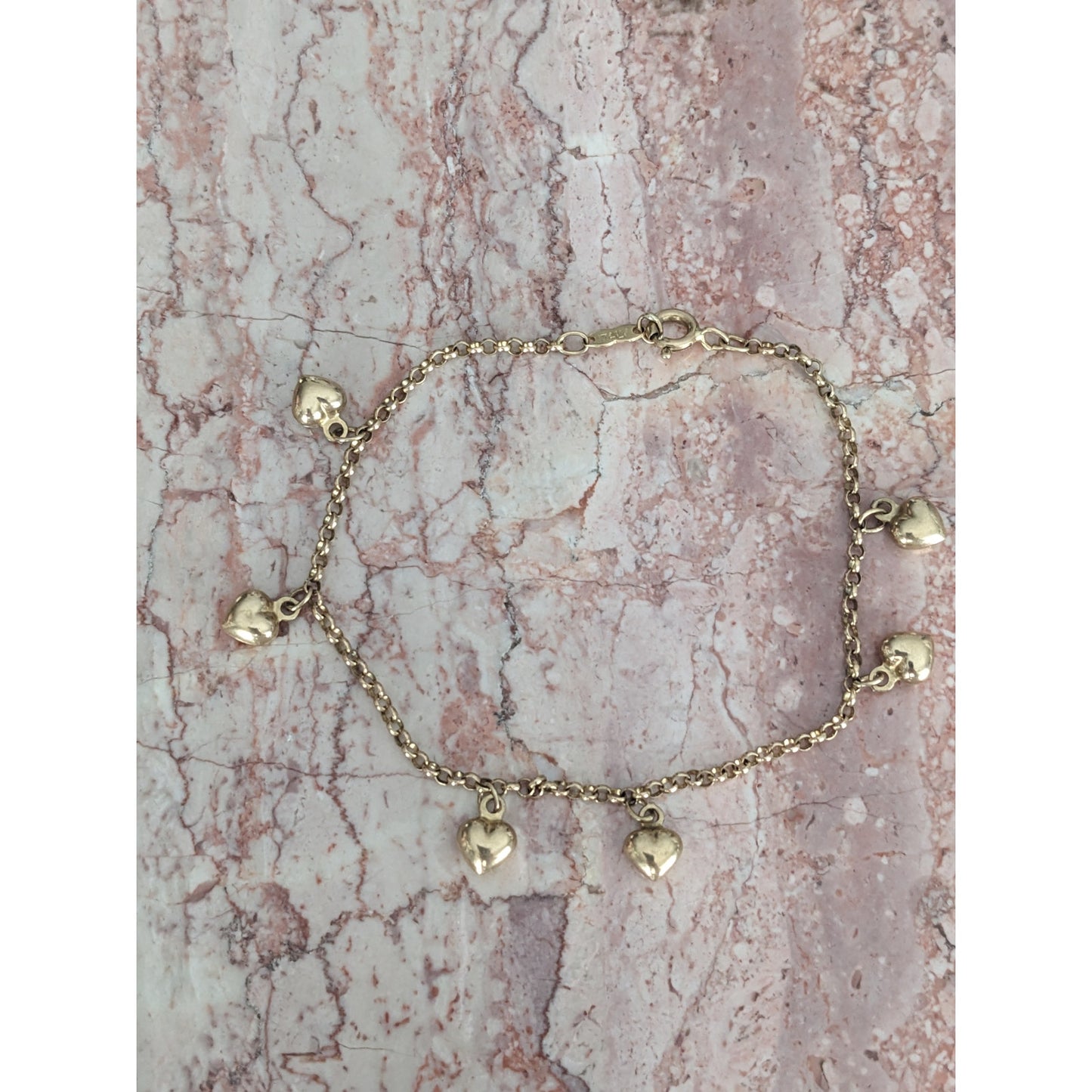 Vintage 14k Yellow Gold Dangle Heart Charm Bracelet 7.25in