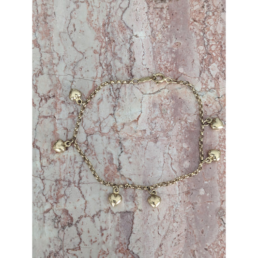 Vintage 14k Yellow Gold Dangle Heart Charm Bracelet 7.25in