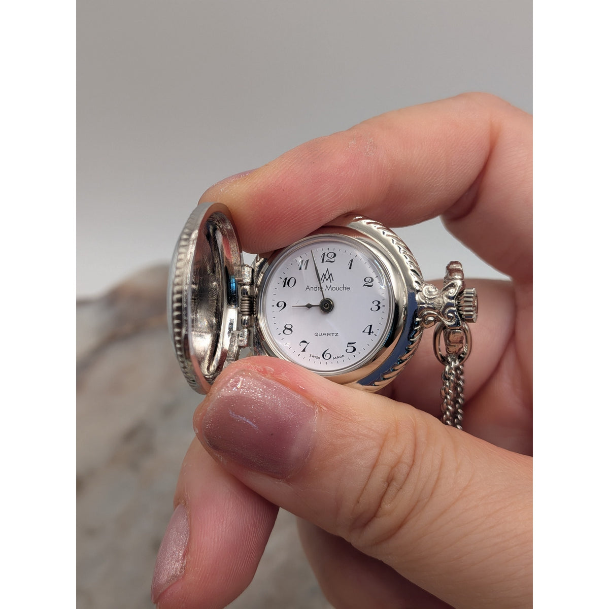 Vintage Andre Mouche Silver Tone Pendant Watch Necklace Grey Enamel Blue Flowers