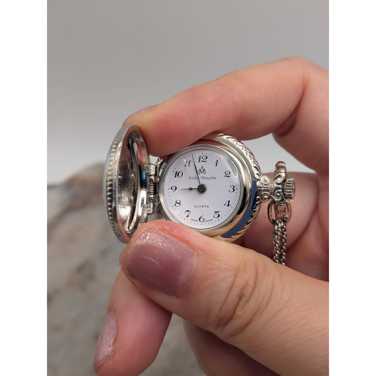 Vintage Andre Mouche Silver Tone Pendant Watch Necklace Grey Enamel Blue Flowers