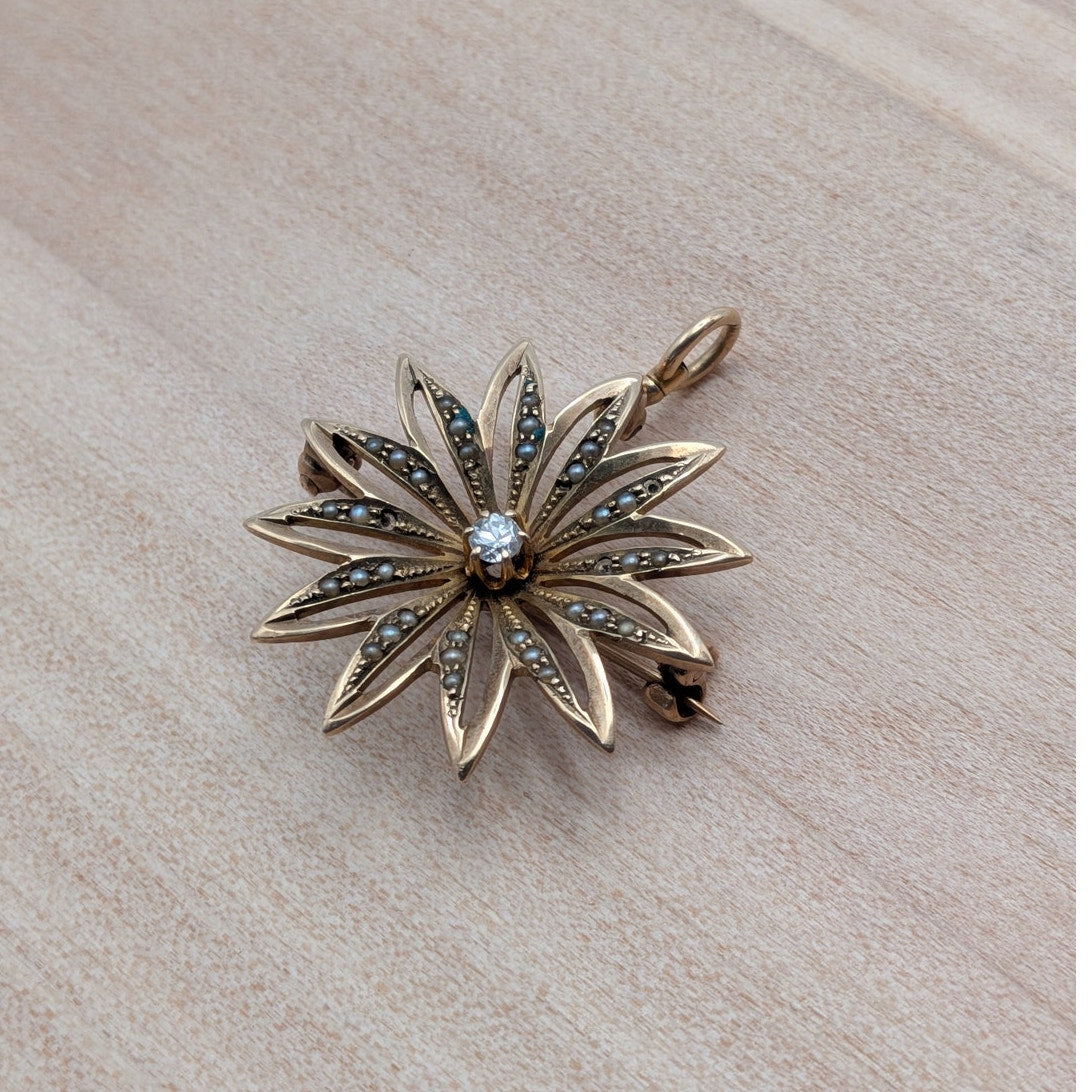 FLAW Vintage 10k Yellow Gold Seed Pearl Diamond Star Brooch Pendant