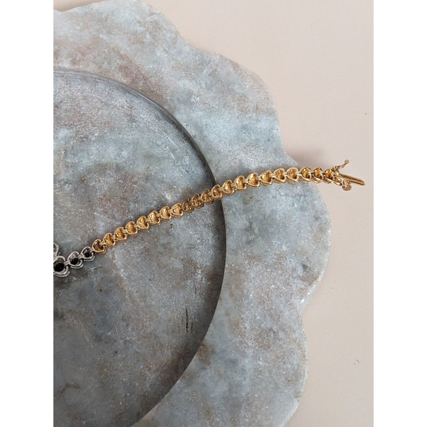 Vintage 14k Yellow Gold Heart Bracelet with Diamonds & Sapphires 7in