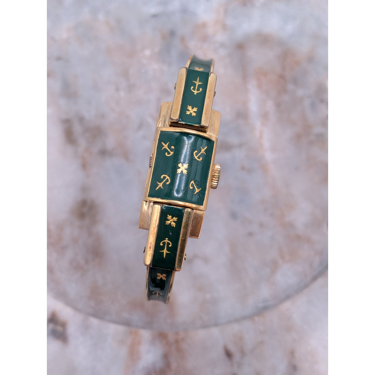 Vintage Ritma MANUAL Gold Tone Peekaboo Watch Green Enamel Gold Flower & Anchors