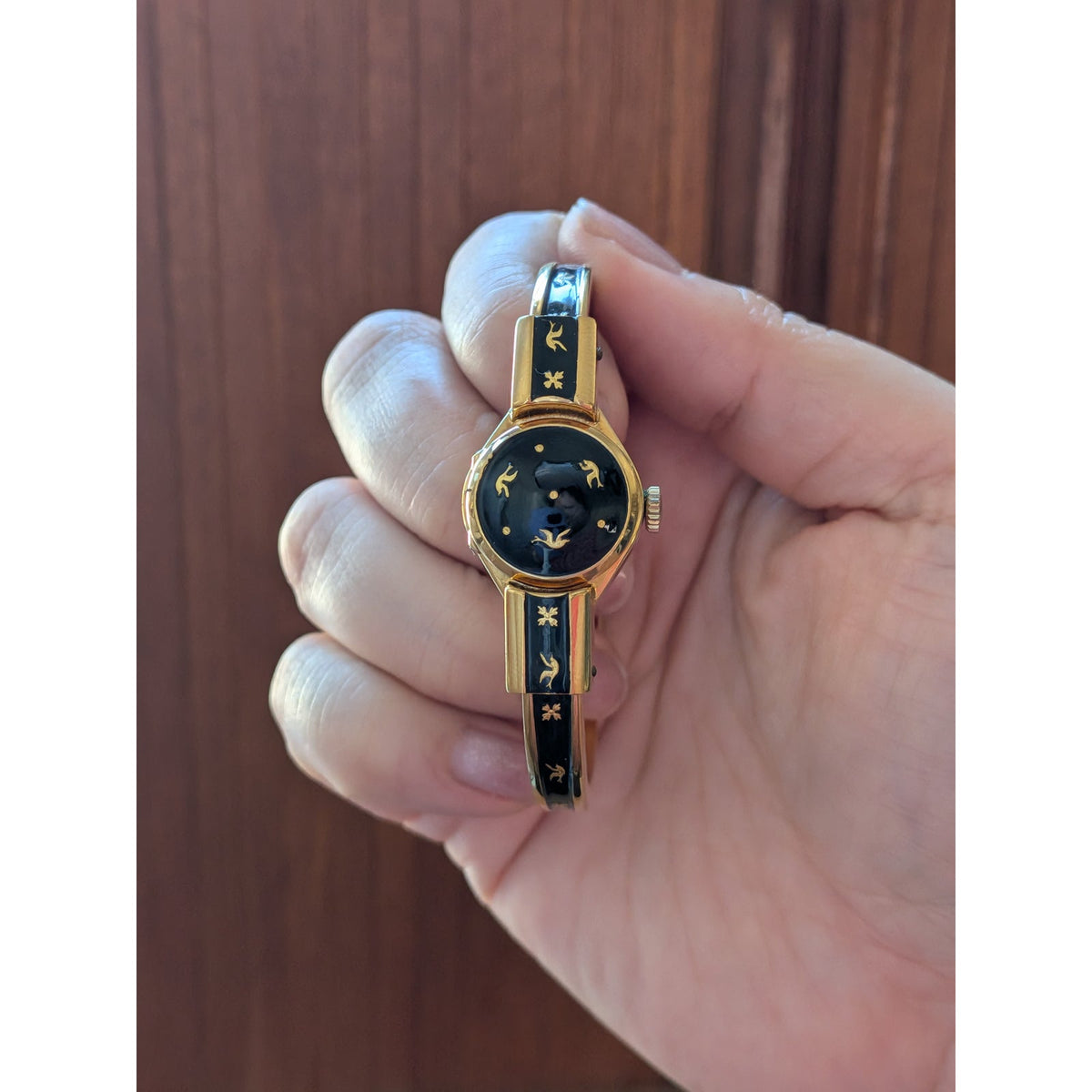 Vintage Consul MANUAL Gold Tone Peekaboo Watch Black Enamel Gold Birds & Flowers