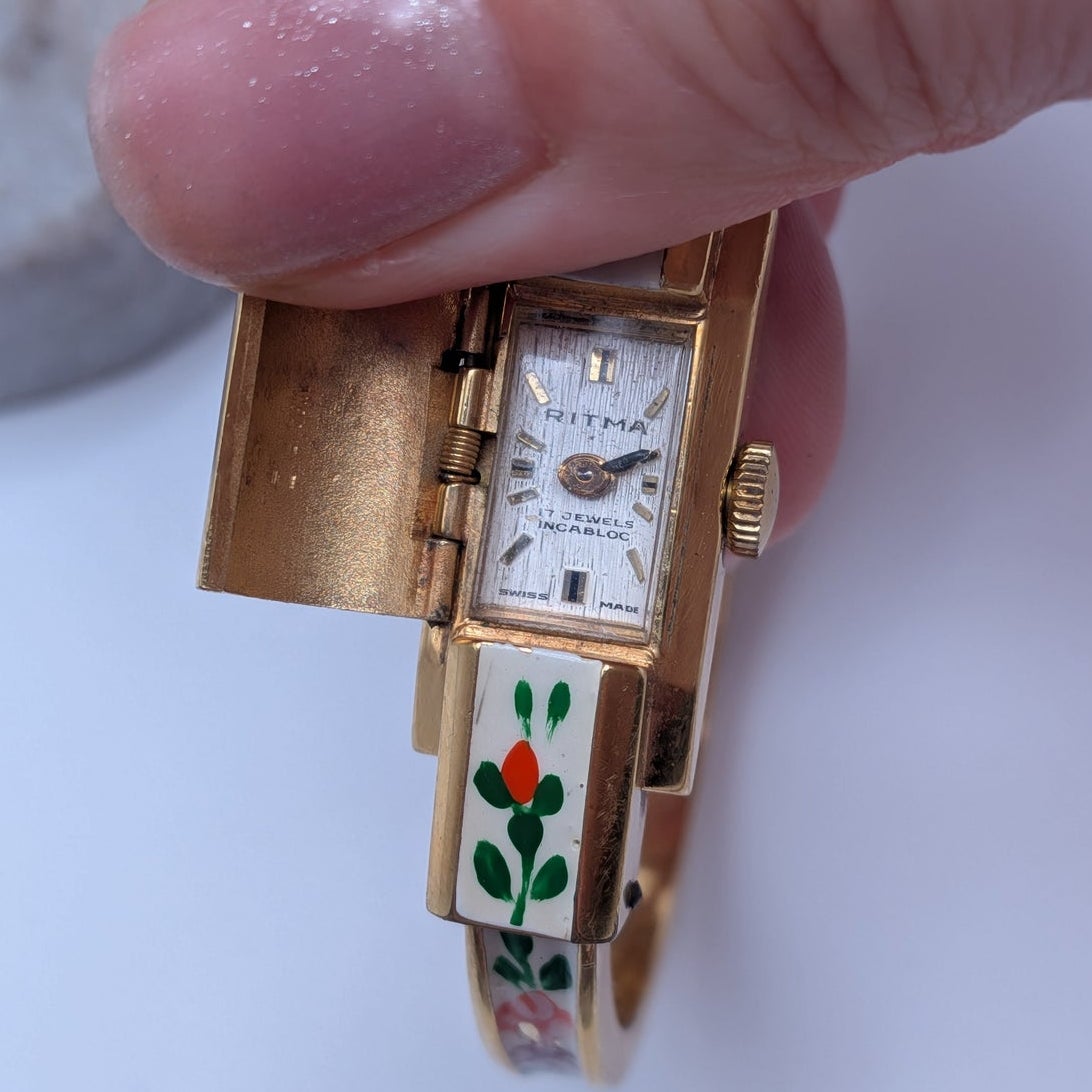 Vintage Ritma MANUAL Gold Tole Peekaboo Dainty Watch White Enamel And Flowers