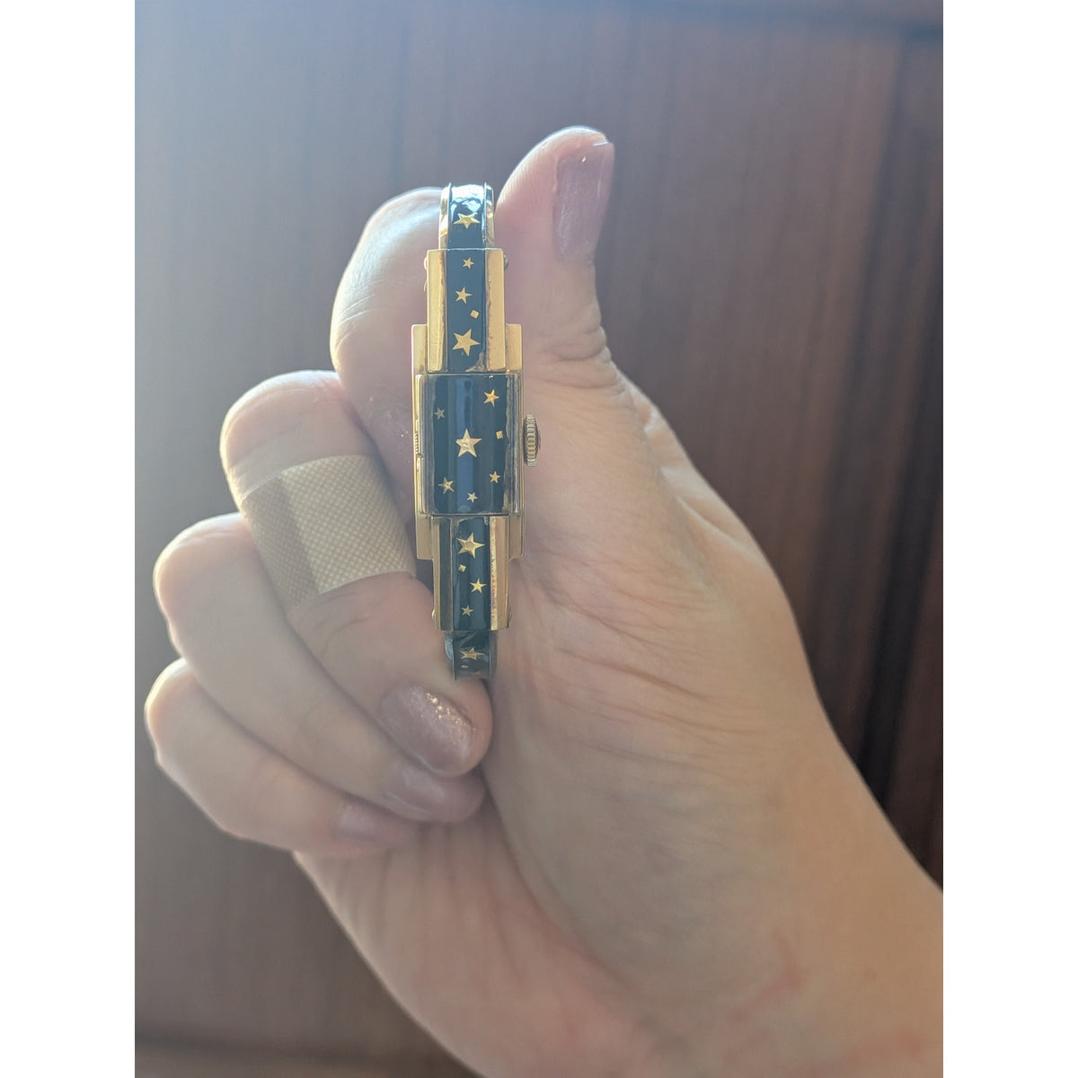 FLAW Vintage Bucherer Gold Peekaboo Watch Black Enamel Gold Stars POOR CONDITION