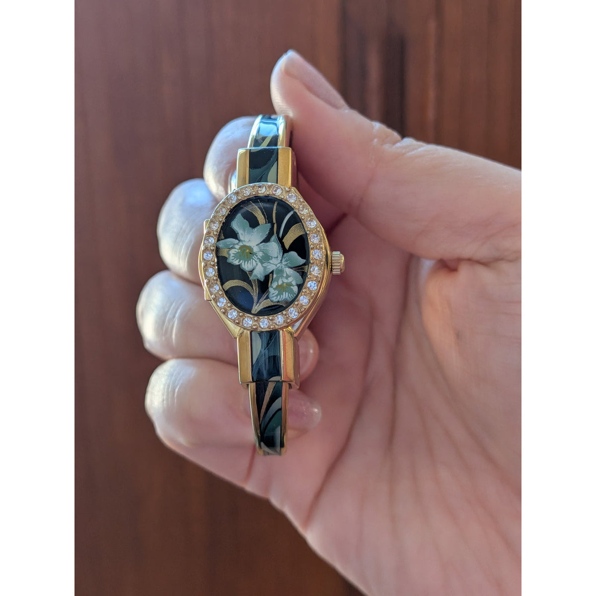 FLAW Vintage Andre Mouche Gold Tone Peekaboo Watch Green Orchid Theme