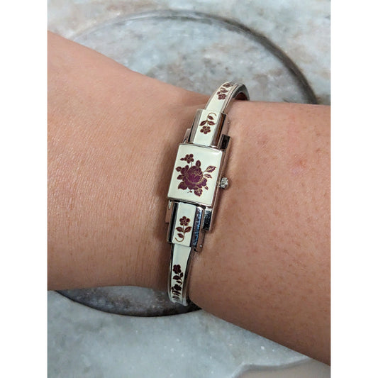 Vintage Andre Mouche Silver Tone Peek a boo Watch Red Floral Enamel Working