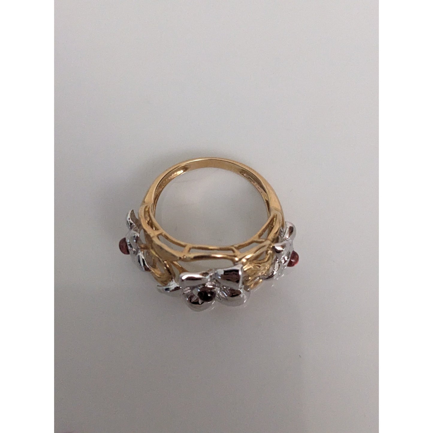 Estate 14k Yellow and White Gold Flower Ring with Pink Gems Size 5 US