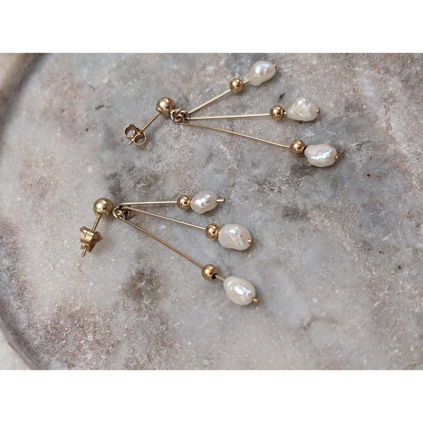 Vintage 14k Yellow Gold 3-Tier Dangle Freshwater Pearl Earrings