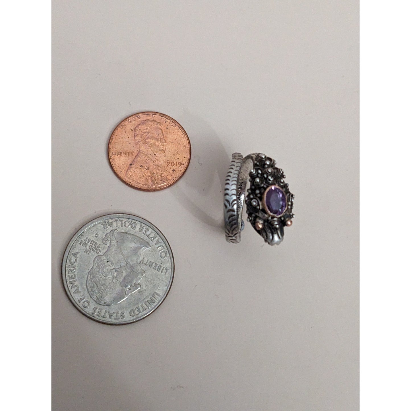 Vintage 925 Sterling Silver and 22k Gold Accent Dragon Amethyst Ring Size 6