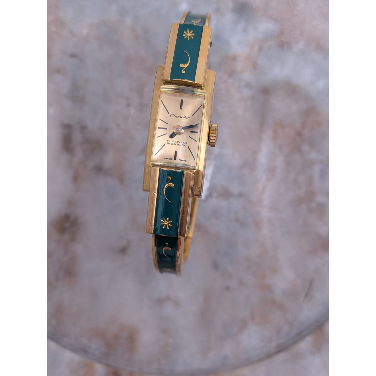 Vintage Chandler MANUAL Gold Tone Bangle Watch Green Enamel & Gold Floral Accent