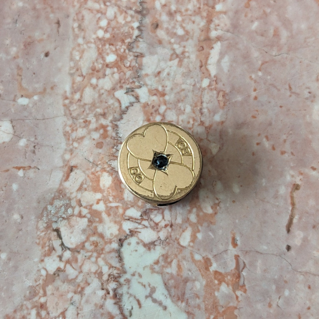 Vintage Gold Filled Round Slider Charm Black Stone Heart Engraved