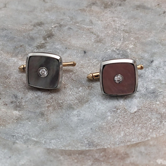Vintage 14k Gold Mother of Pearl Cufflinks 0.10ct Diamond Accents