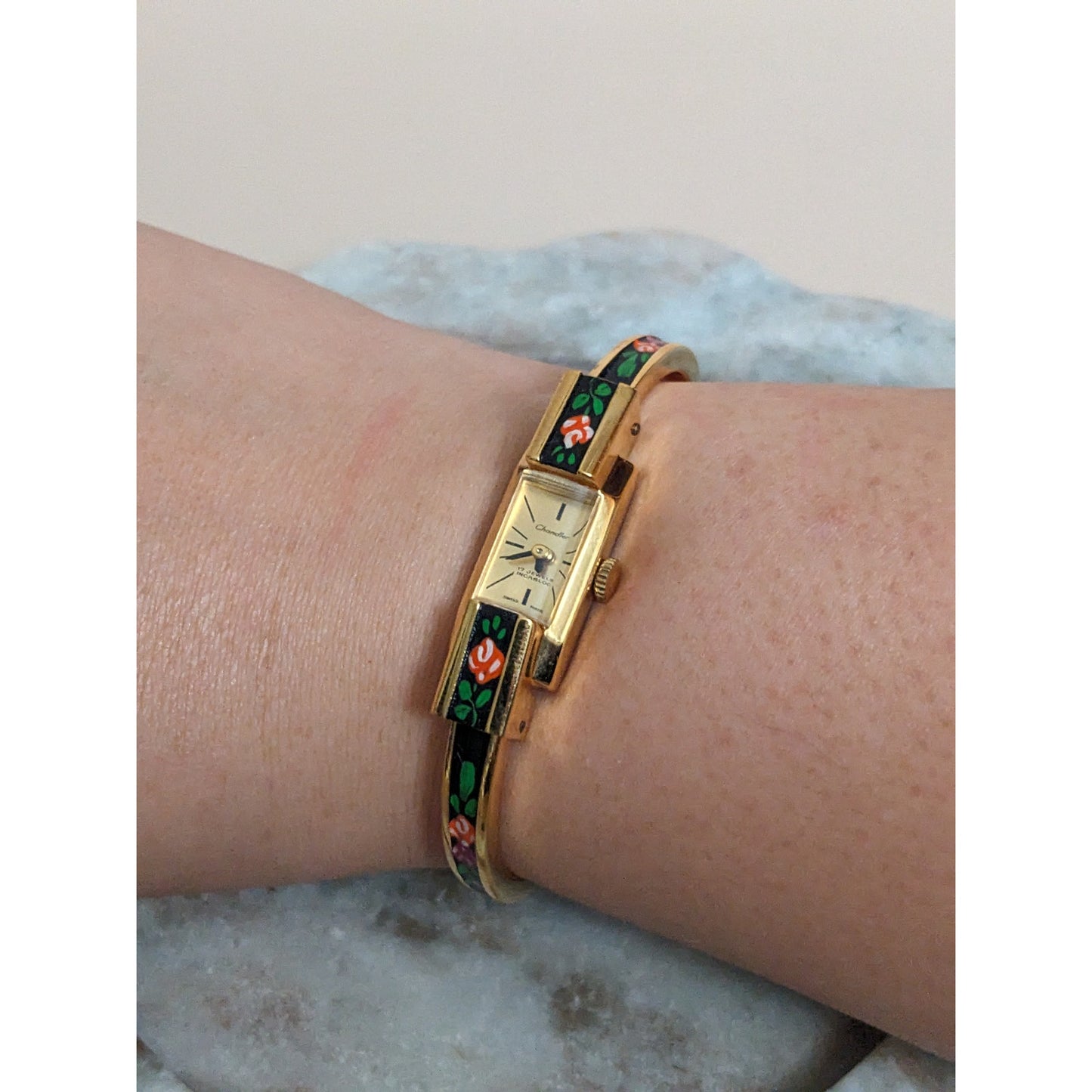 Vintage Andre Mouche Silver Tone Bangle Watch with Blue Floral Enamel Working