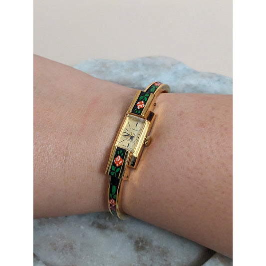 Vintage Andre Mouche Silver Tone Bangle Watch with Blue Floral Enamel Working