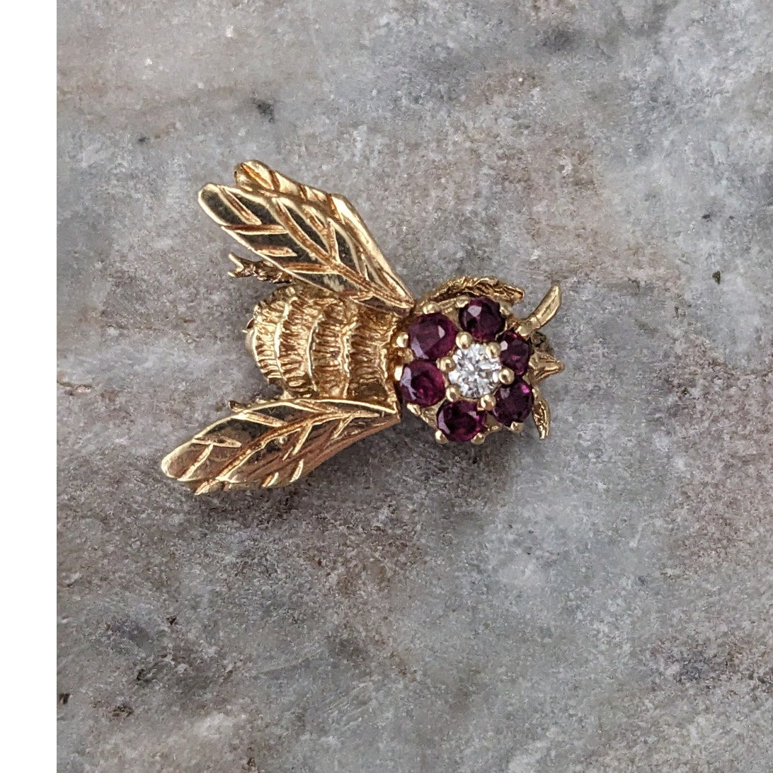 Vintage 14k Yellow Gold Ruby and Diamond Bee Brooch